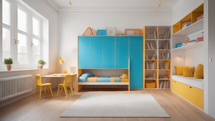  Bright children's room with kids table and shelves near window