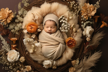 Newborn baby in flowers shot, top view 