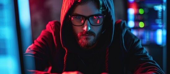 Male hacker performing cyberattack on government system, attempting theft of crucial information and passwords by coding harmful software and breaking program encryption, internet security.