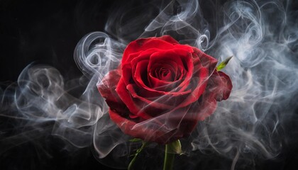 red rose wrapped in smoke swirl on black background