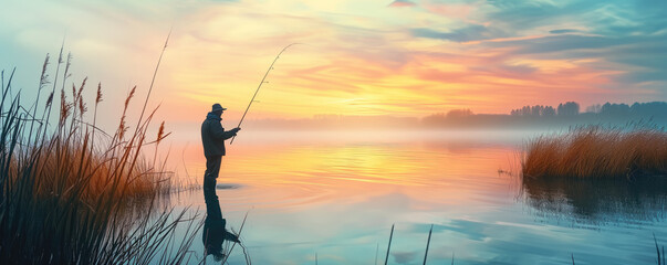 Fisherman with fishing pole - obrazy, fototapety, plakaty