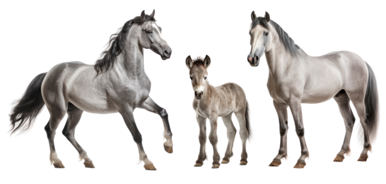 Group of roan horses: mare, stallion and foal, animal family isolated on transparent background. PNG clip art elements.
