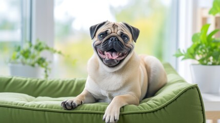Happy Pug lying on a sofa, cozy interior with plants. Indoor well lit background. Dog at home.