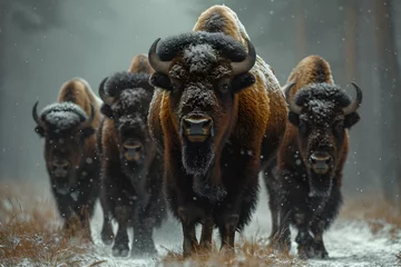Selbstklebende Fototapete Bison bison animal walking in winter