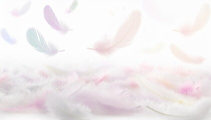 many pastel feather fly fall inr over white background puffy fluffy soft feathers as purity smooth like dream floating dove in sky angle flying from heaven photo motion