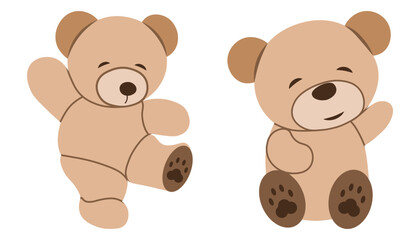 Teddy bear sitting and standing flat illustration. Cute soft toy. 