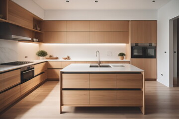Close up of kitchen island with wooden drawers. Minimalist modern interior design
