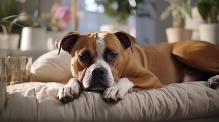 Cute and adorable Boxer relax in a cozy bedroom. Sleepy dog on a sofa. Indoor background with copy space.