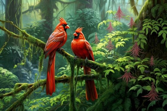 Two Red Cardinal Birds Perched On A Tree In A Lush Forest. Generative AI