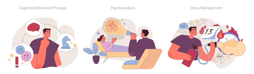 Therapeutic Methods set. Cognitive Behavioral Therapy, Psychoanalysis, and Stress Management techniques in psychology.