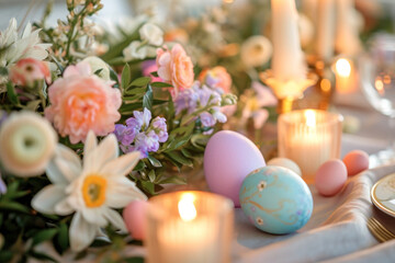Obraz na płótnie Canvas Easter decorated table with Easter eggs, candles and florals 