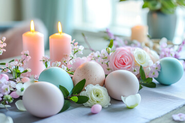 Obraz na płótnie Canvas Easter decorated table with Easter eggs, candles and florals 