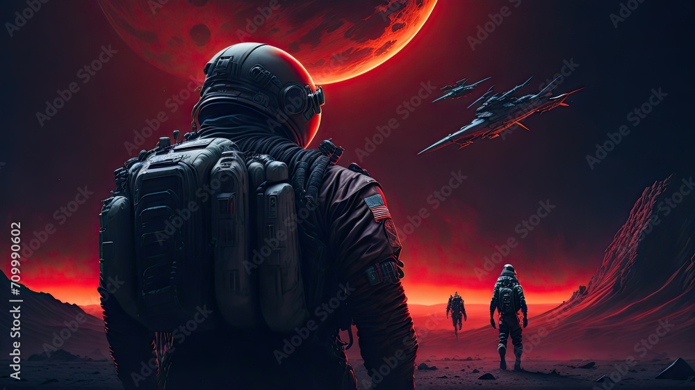 Poster astronauts in spacesuit against the background of the planet, spaceman on red planet, astronauts and