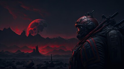 Futuristic Astronaut in space, Spaceman on red planet, Fantasy landscape, 3D rendering, black red composition, Space exploration.