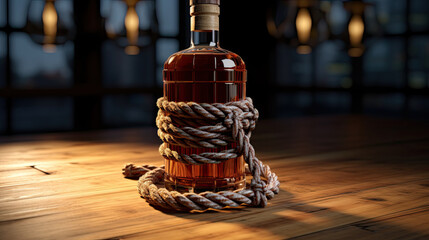 whiskey bottle with ropes and a barrel
