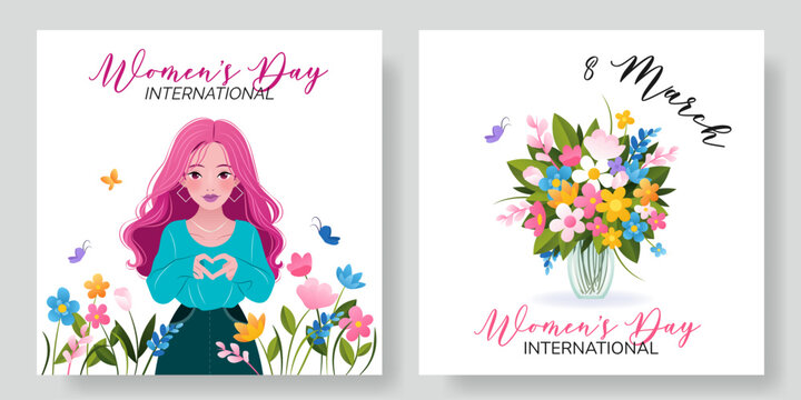 International Women's Day square banners set. 8 March. Inspireinclusion. Cartoon woman showing sign of heart. Bouquet of flowers in vase. Design for poster, campaign, social media post. Vector art.