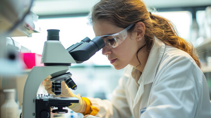 a female research scientist is analyzing a sample on her microscope in a microbiology lab