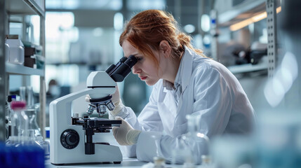 a female research scientist is analyzing a sample on her microscope in a microbiology lab