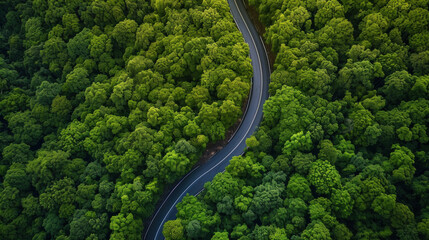 Aerial view of the mountain road in a green forest