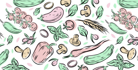 vegetables hand drawn colorful doodle pattern. Illustration for backgrounds, card, posters, banners, textile prints, cover