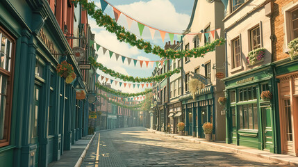 Empty city street decorated with garlands and traditional green orange flags for St. Patrick's Day carnival - obrazy, fototapety, plakaty