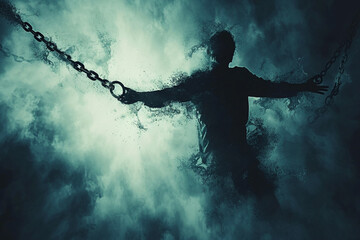 A powerful image of a person breaking free from chains, symbolizing breaking the stigma associated with mental health  - obrazy, fototapety, plakaty