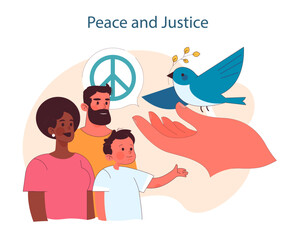 Peace and Justice. Promoting global harmony and lawful equity. Emblems of tranquility for societal cohesion. Flat vector illustration