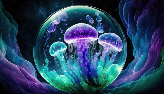 Trio de magnifiques méduses colorées emprisonnées dans une bulle translucide