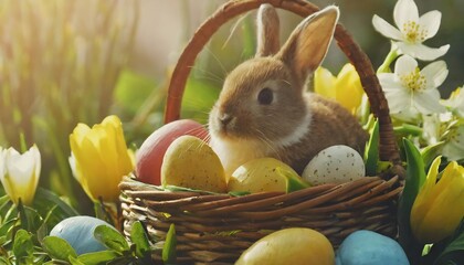 bunny in basket, spring flowers and colorful Easter eggs