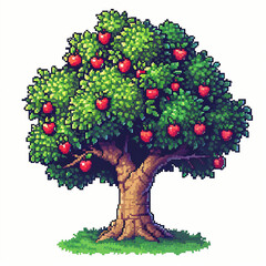Pixelated game art illustration of an apple tree against a white background