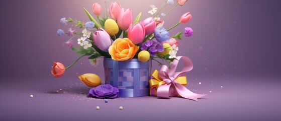 Beautiful bouquet of different flowers in a gift box isolated . Springtime Concept. Mothers Day Concept with a Copy Space. Valentine's Day with a Copy Space.	