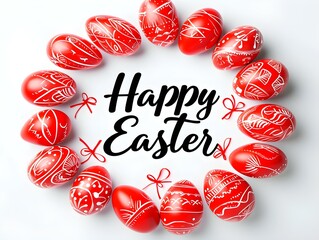 'Happy Easter' Calligraphy on a white Background surrounded by red Easter Eggs. Modern Easter Card Template