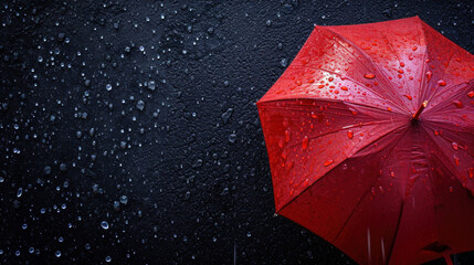 Red Umbrella and Rain Against Black Background - obrazy, fototapety, plakaty