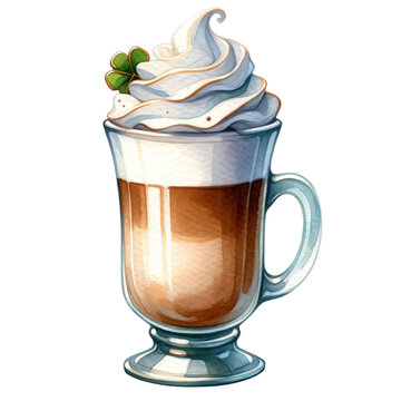 Watercolor Irish coffee with whipped cream, St. Patrick's Day Celebrations - Illustration Isolated on Transparent Background