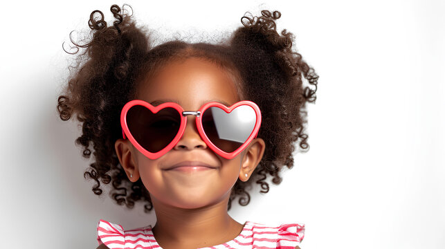 Childhood, Valentine's day concept - happy little African American girl in heart-shaped sunglasses isolated on white background