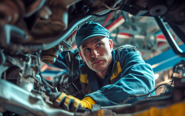A mechanic is repairing a car under the open hood