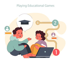 Children learn. Elementary school classes. Kids engaged in learning through interactive educational games. Academic knowledge gaining. Flat vector illustration