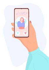 Smartphone with dating app vector template in hand. Online dating app. Search for partners online. Internet dating.