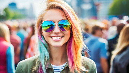 festival party or meeting, young adult woman with colorful dyed hair and sunglasses outdoors in a crowd of people - obrazy, fototapety, plakaty