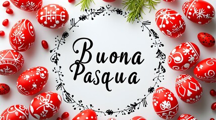 Fototapeta na wymiar 'Buona Pasqua' Calligraphy on a white Background surrounded by red Easter Eggs. Modern Easter Card Template