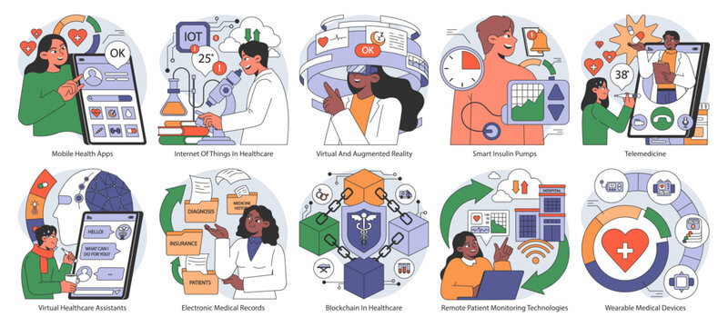 Healthcare Technology Set. Digital Advancements In Patient Care. Integrating Apps, IoT, AR, And Telemedicine For Improved Health Outcomes. Flat Vector Illustration.