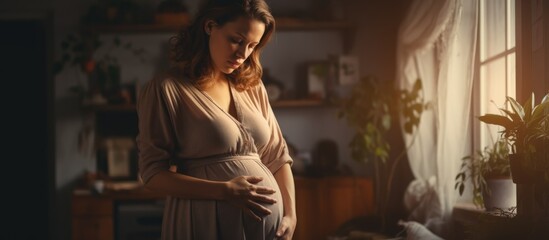 Fototapeta na wymiar Pregnant woman at home feeling unwell with headache and nausea.