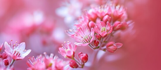 Macro photo of small pink blooms.