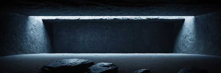 rectangular niche illuminated in a dark stone cave - obrazy, fototapety, plakaty