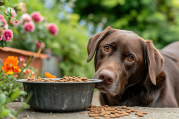 Labrador retriever puppy with dog's food 