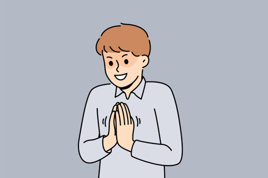 Cunning little boy rubs palms having come up with insidious plan to get good grade at school. Cunning child with bad upbringing is about to commit prank or sneaky act to achieve goal