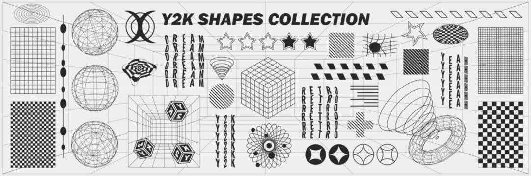 Fototapeta Abstract geometry wireframe shapes and patterns, cyberpunk elements, signs and perspective grids. Surreal geometric retro signs. Rave psychedelic futuristic Y2k acid aesthetic set. Vector illustration