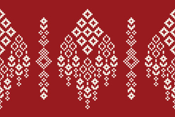 Ethnic geometric fabric pattern Cross Stitch.Ikat embroidery Ethnic oriental Pixel pattern red christmas day background. Abstract,vector,illustration. Texture,frame,decoration,motifs,silk wallpaper.