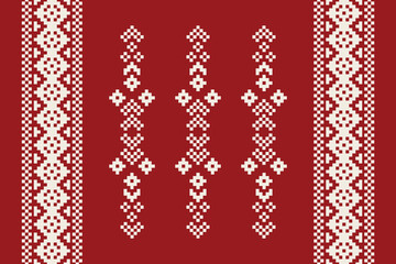 Ethnic geometric fabric pattern Cross Stitch.Ikat embroidery Ethnic oriental Pixel pattern red christmas day background. Abstract,vector,illustration. Texture,frame,decoration,motifs,silk wallpaper.
