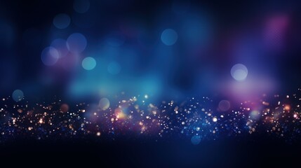 Magic night dark blue sparkling glitter bokeh and light art. Gold confetti and navy background. Golden scattered Christmas dust. Fairytale magic star template.